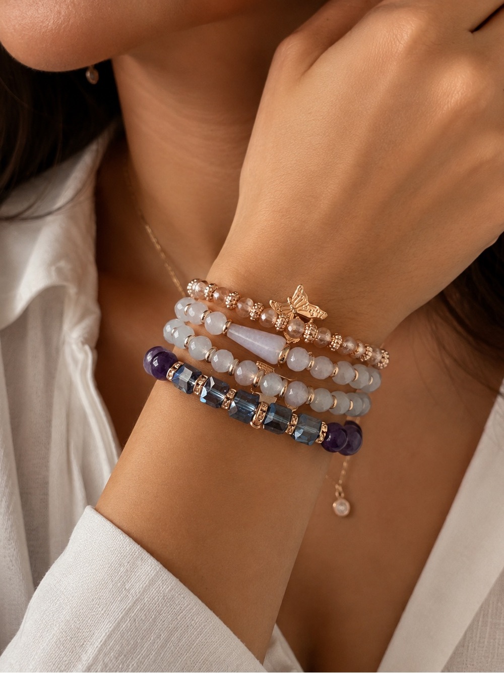 Rose Gold Butterfly & Purple Beaded Stack Bracelet Set